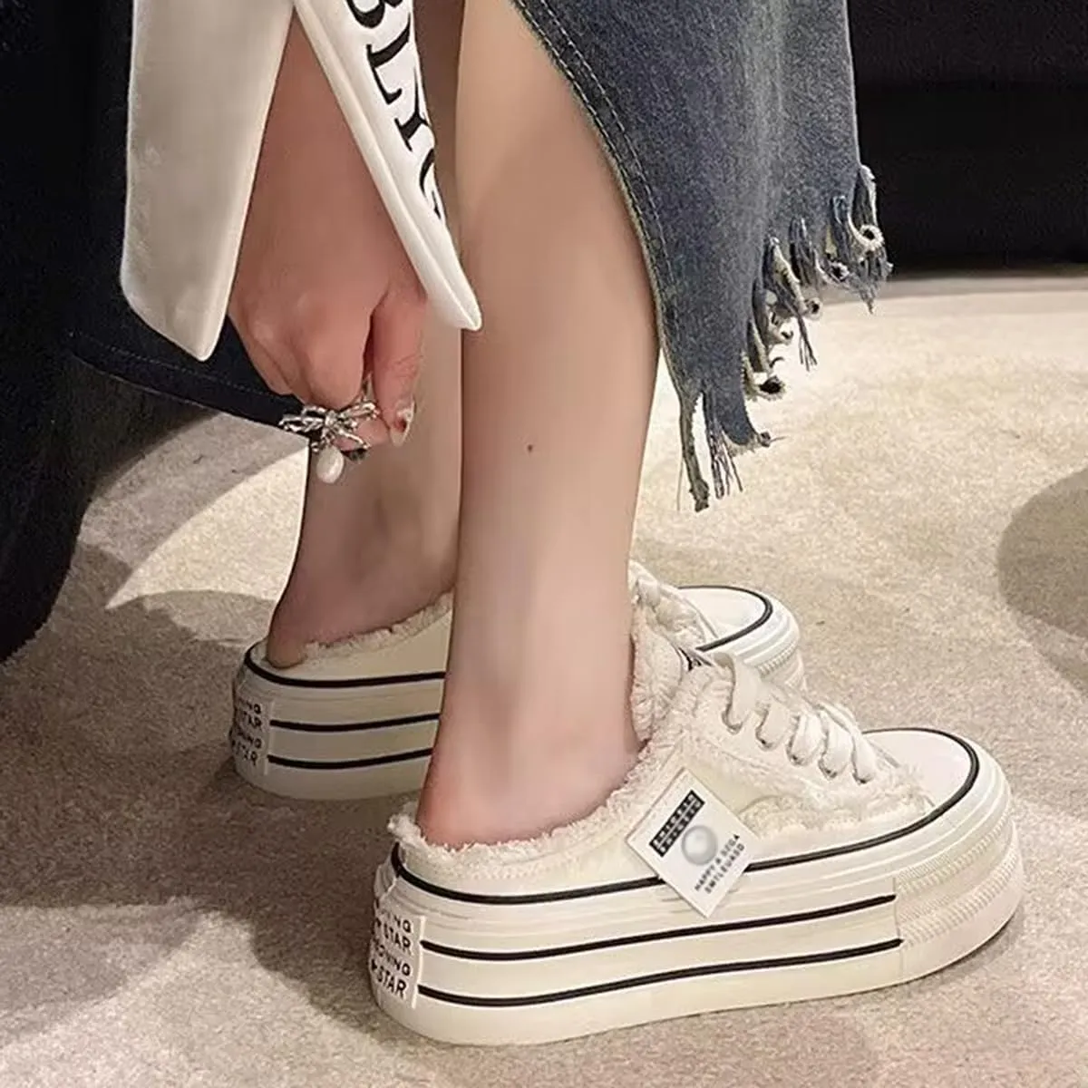 Women's Platform Sneakers Slip On Comfortable Breathable Canvas Mule Shoes for Women Breathable Casual Indoor Outdoor