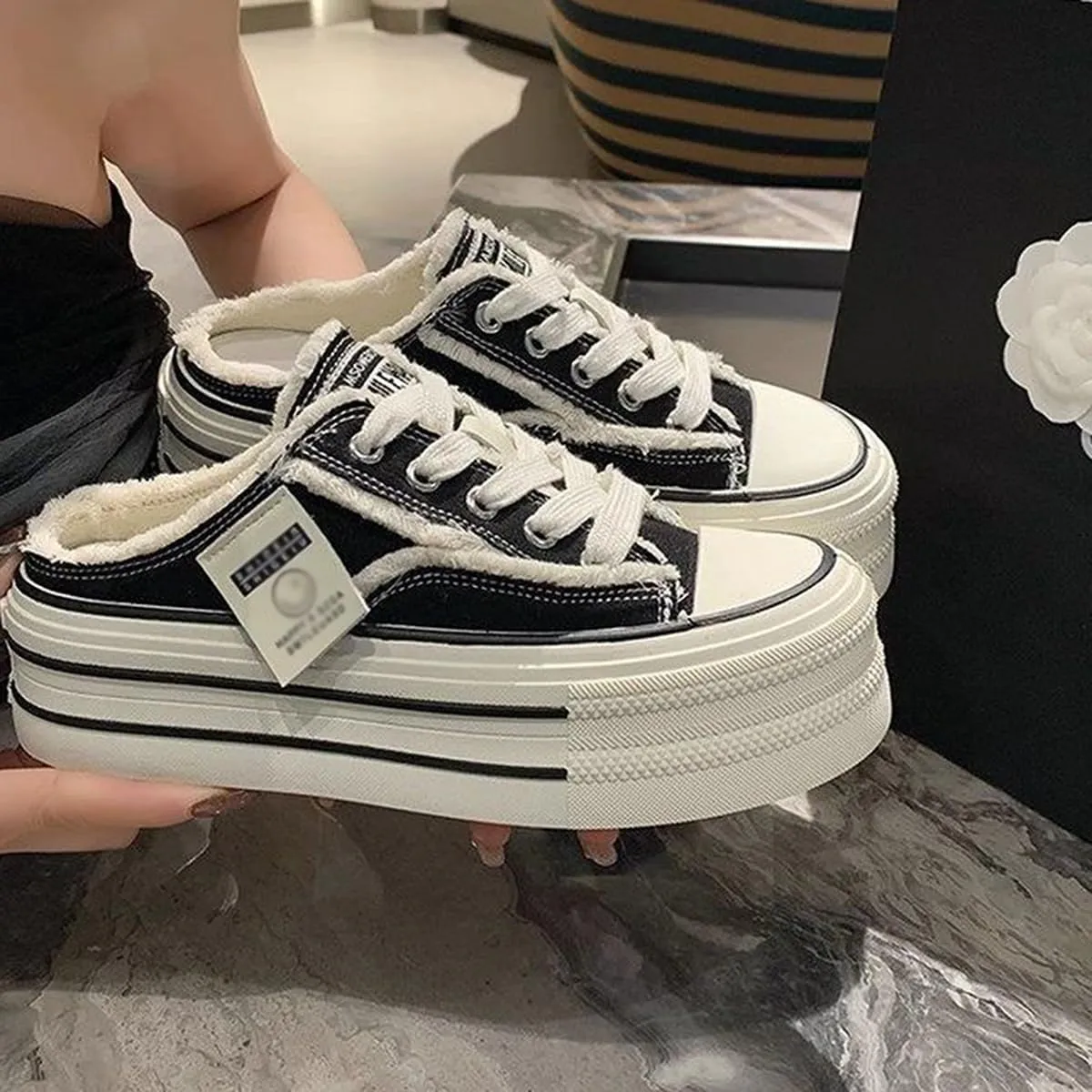 Women's Platform Sneakers Slip On Comfortable Breathable Canvas Mule Shoes for Women Breathable Casual Indoor Outdoor