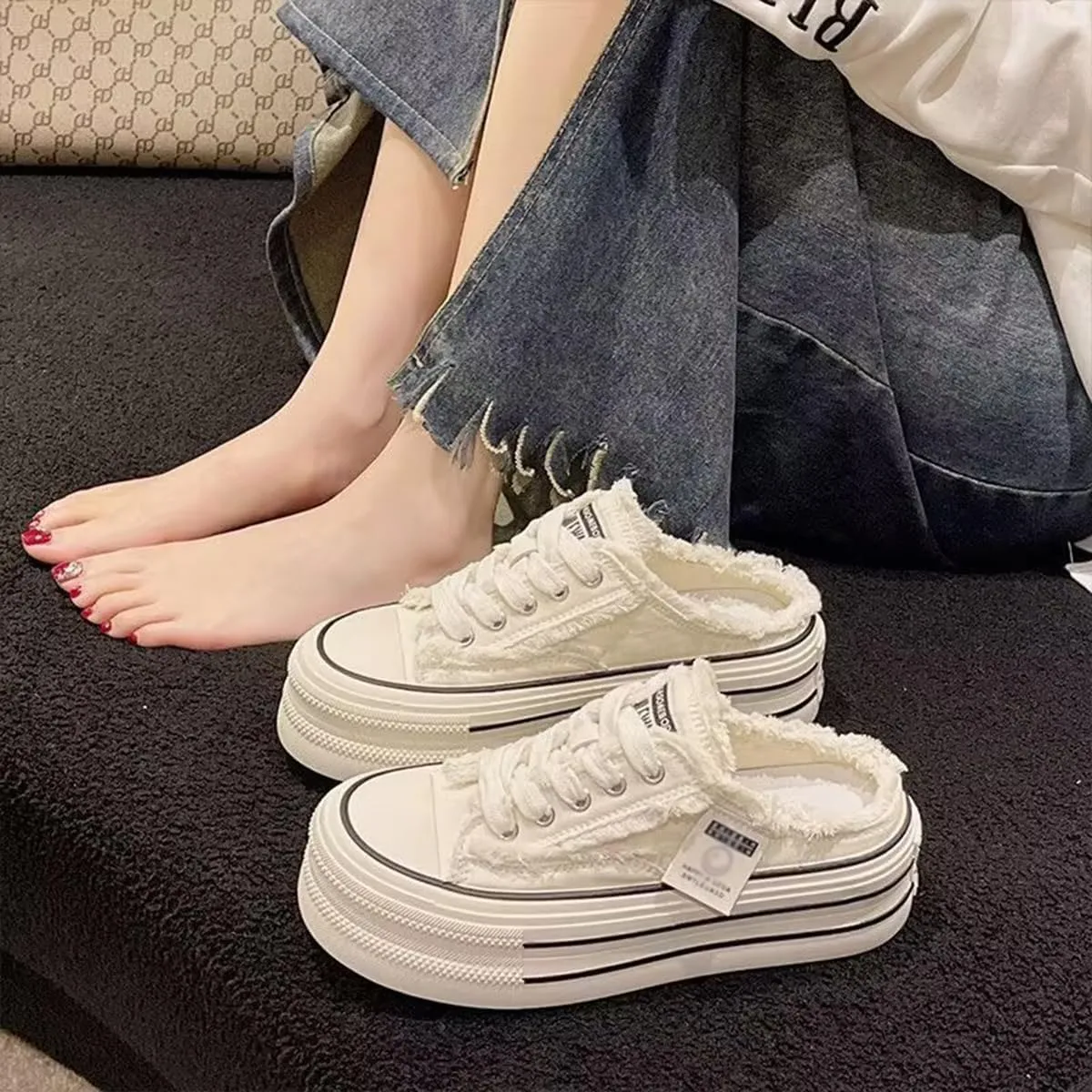 Women's Platform Sneakers Slip On Comfortable Breathable Canvas Mule Shoes for Women Breathable Casual Indoor Outdoor