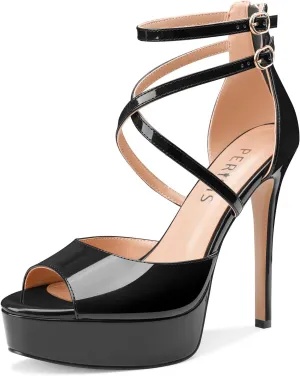 Women's Platform Stiletto High Heels Peep Open Toe Crisscross Stilettos Strappy Sandals Heeled Spring Summer Sandals for Ladies Comfy 5 Inch