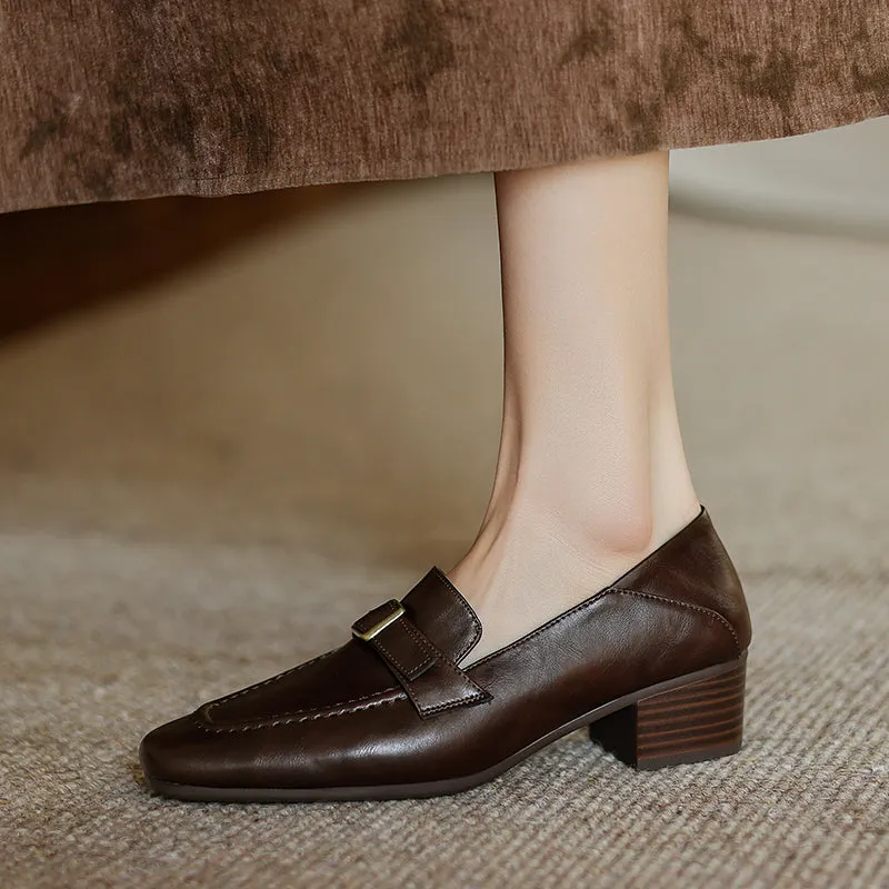 Women's Retro Buckle Up Mid Heel Chunky Heeled Loafers