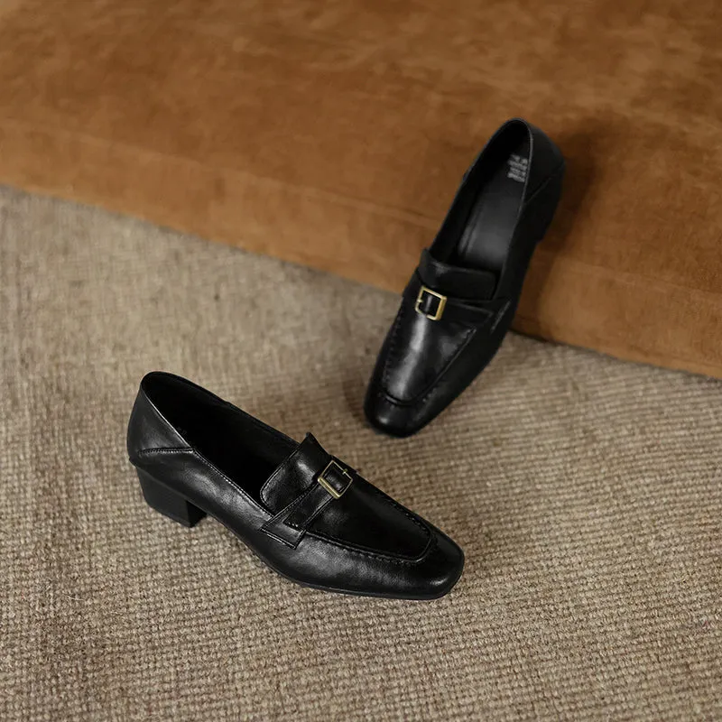 Women's Retro Buckle Up Mid Heel Chunky Heeled Loafers