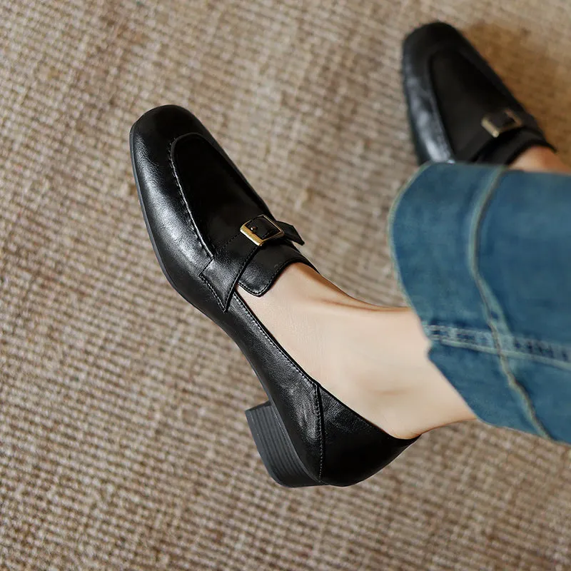 Women's Retro Buckle Up Mid Heel Chunky Heeled Loafers