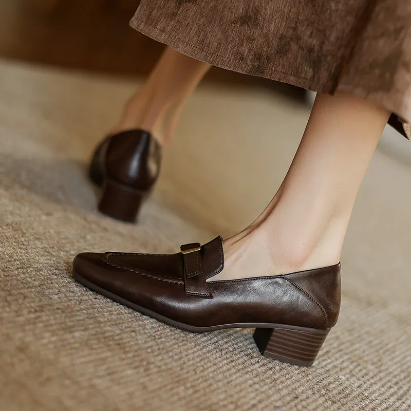 Women's Retro Buckle Up Mid Heel Chunky Heeled Loafers