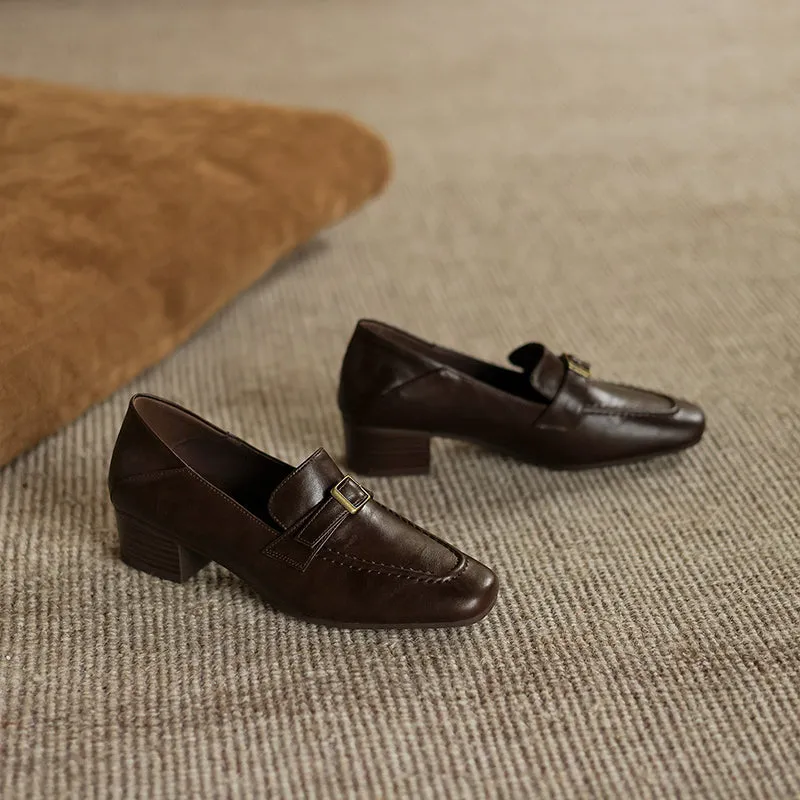 Women's Retro Buckle Up Mid Heel Chunky Heeled Loafers