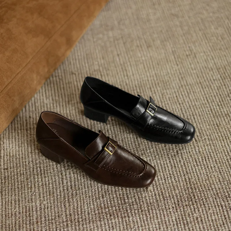 Women's Retro Buckle Up Mid Heel Chunky Heeled Loafers