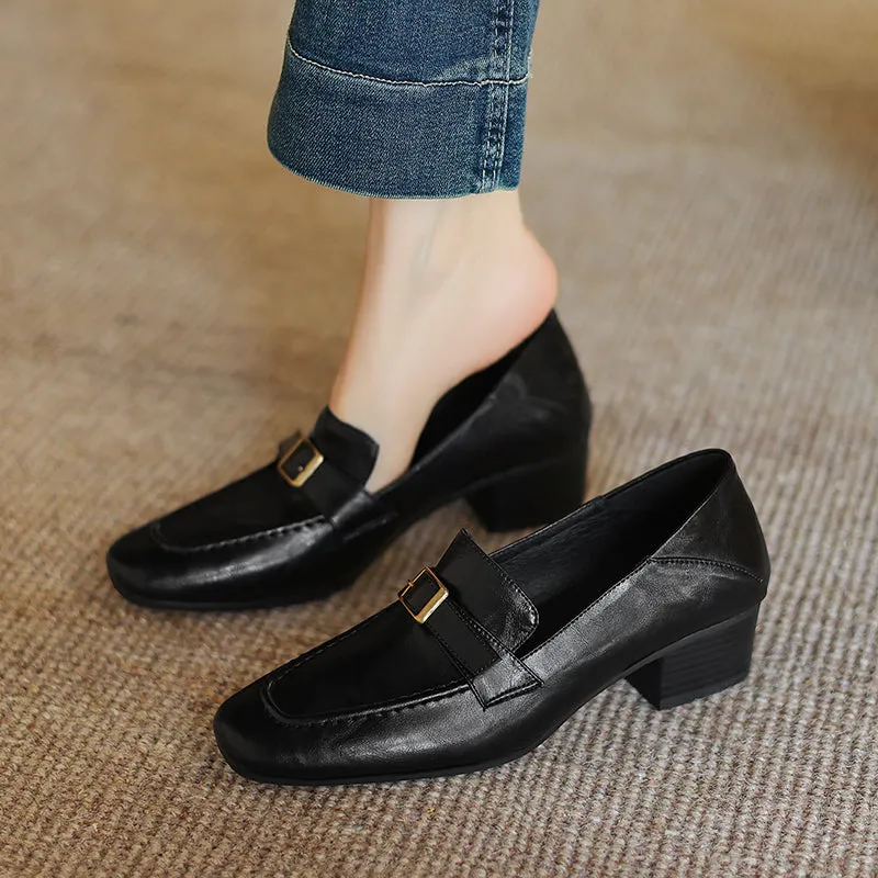 Women's Retro Buckle Up Mid Heel Chunky Heeled Loafers