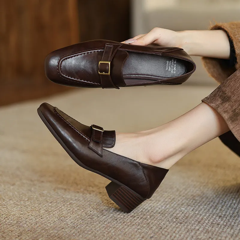 Women's Retro Buckle Up Mid Heel Chunky Heeled Loafers