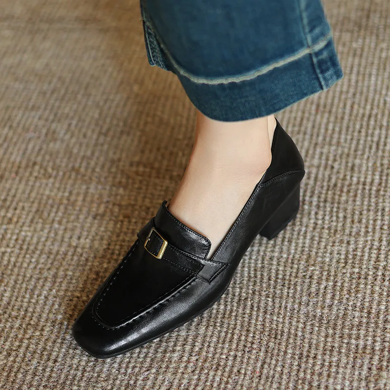 Women's Retro Buckle Up Mid Heel Chunky Heeled Loafers