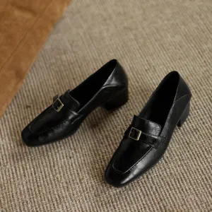 Women's Retro Buckle Up Mid Heel Chunky Heeled Loafers