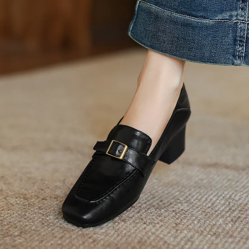 Women's Retro Buckle Up Mid Heel Chunky Heeled Loafers