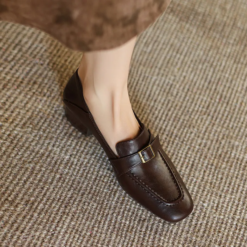 Women's Retro Buckle Up Mid Heel Chunky Heeled Loafers
