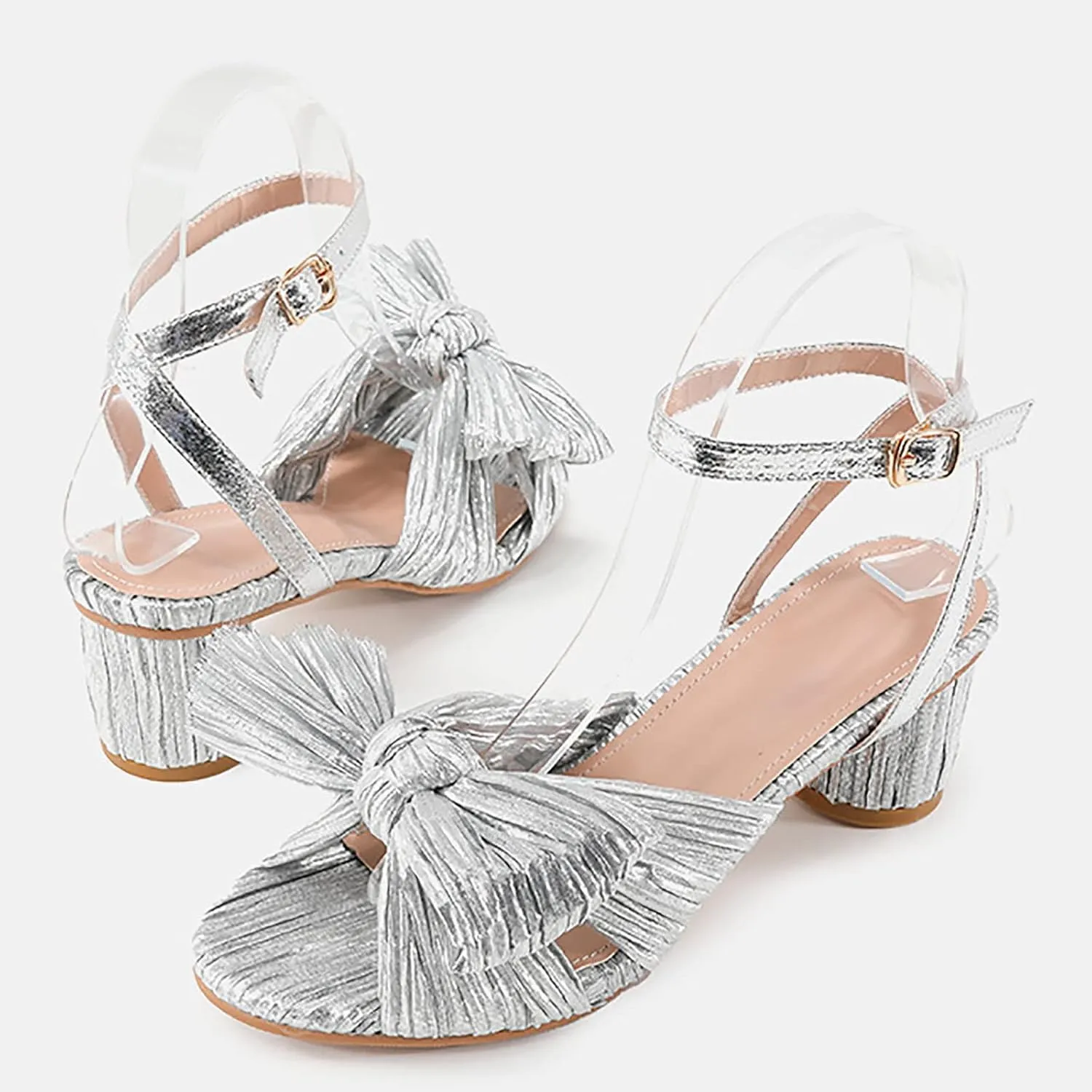 Womens Sandals Bow Decoration Soft Satin Chunky Heels Ankle Strap Wedge Sandals Summer Wedding Party Sandals Women
