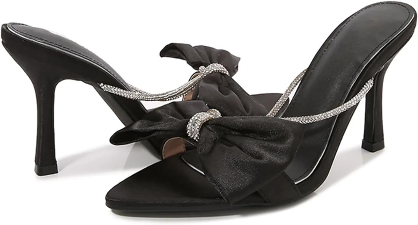 Women's Satin Bow Kitten Heel Sandals Fashion Pointed Open Toe Slip On Non-Slip Mid Heel Dress Slide Sandals for Daily Office Wedding Prom Party