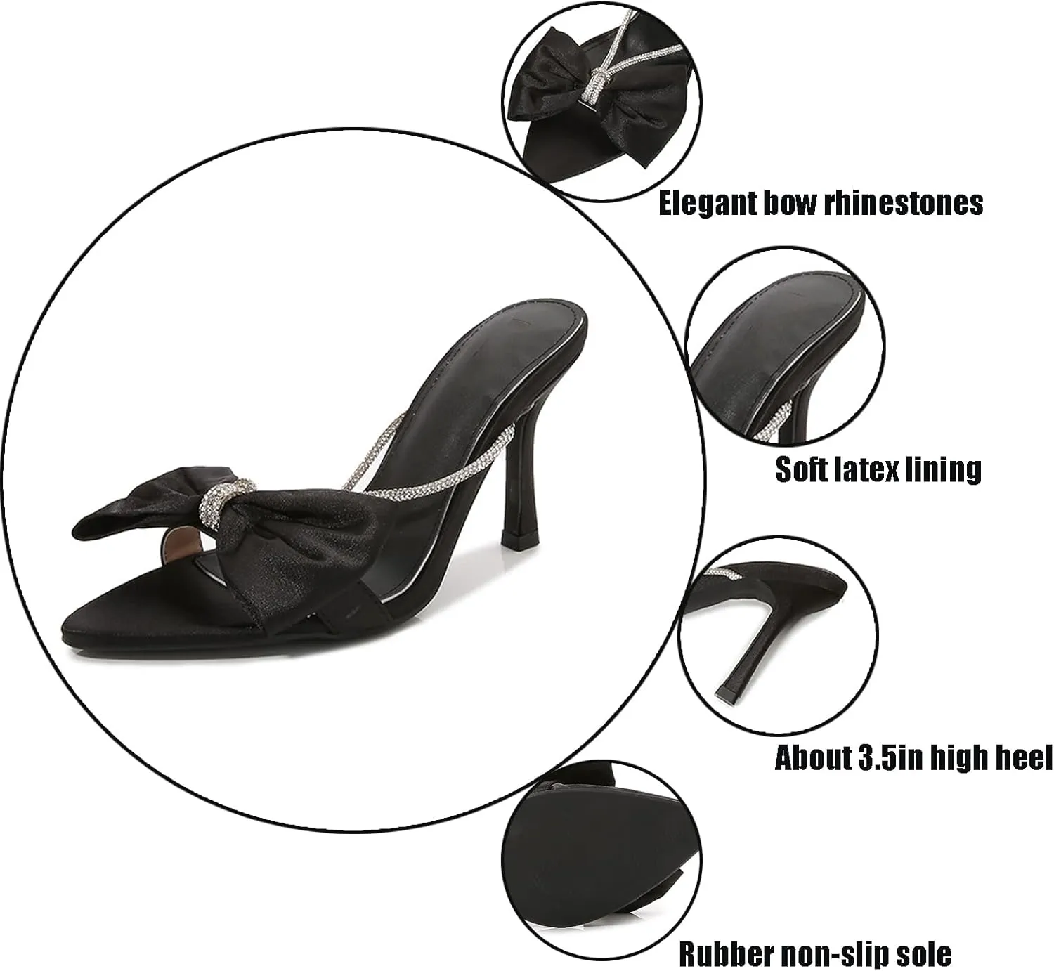 Women's Satin Bow Kitten Heel Sandals Fashion Pointed Open Toe Slip On Non-Slip Mid Heel Dress Slide Sandals for Daily Office Wedding Prom Party