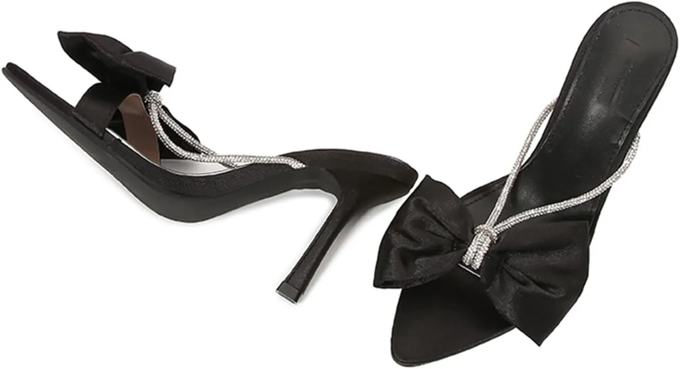 Women's Satin Bow Kitten Heel Sandals Fashion Pointed Open Toe Slip On Non-Slip Mid Heel Dress Slide Sandals for Daily Office Wedding Prom Party