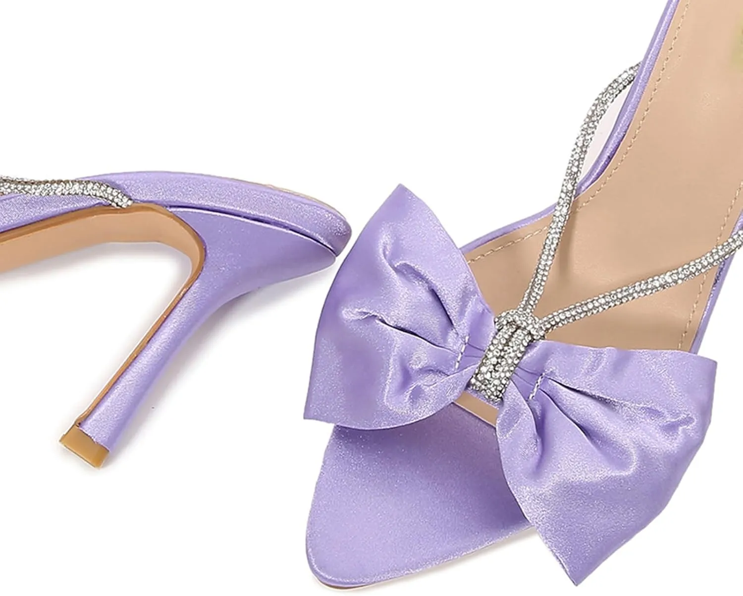 Women's Satin Bow Kitten Heel Sandals Fashion Pointed Open Toe Slip On Non-Slip Mid Heel Dress Slide Sandals for Daily Office Wedding Prom Party