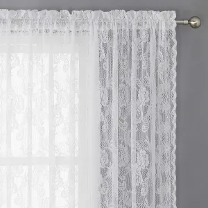WUBODTI Sheer White Lace Curtains 84 Inches Long 2 Panels, Vintage Floral Embroidered Light Filtering Window Treatments Rod Pocket Rose Drapes for Bedroom Living Room Balcony Sliding Door