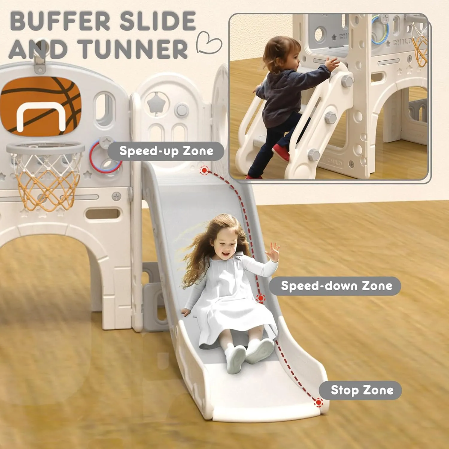 XJD 8 in 1 Toddler Slide Set, Kids Slide for Toddlers Age 1 , Toddler Climber Slide PlaySet with Basketball Hoop and Ball,Outdoor Indoor Playground for Toddlers 1-3 (Beige Grey, 8 in 1)