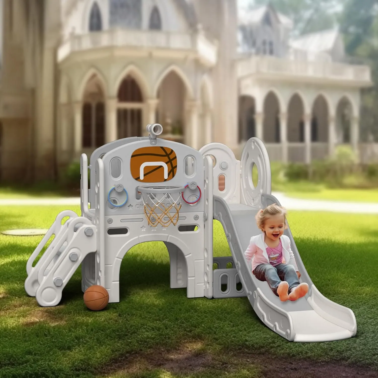 XJD 8 in 1 Toddler Slide Set, Kids Slide for Toddlers Age 1 , Toddler Climber Slide PlaySet with Basketball Hoop and Ball,Outdoor Indoor Playground for Toddlers 1-3 (Beige Grey, 8 in 1)
