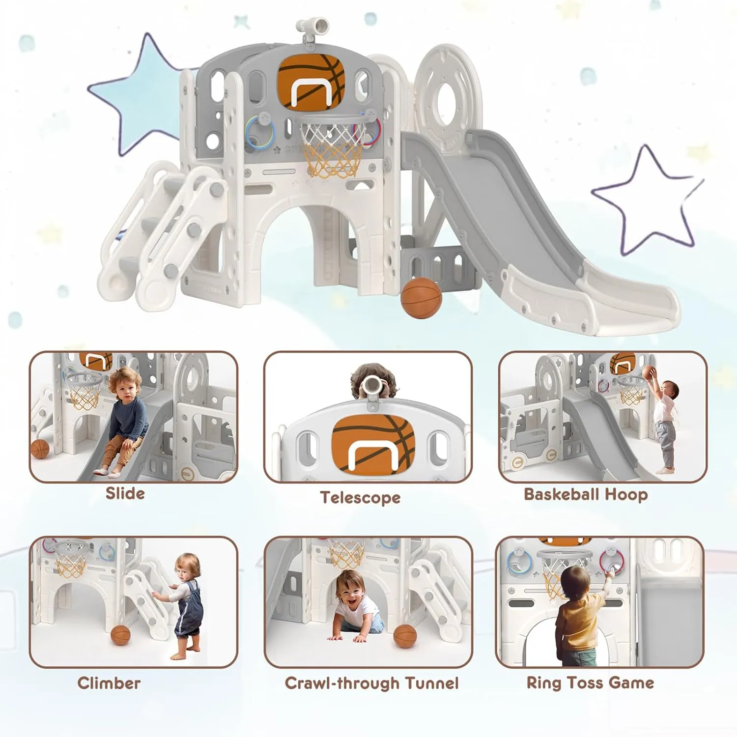 XJD 8 in 1 Toddler Slide Set, Kids Slide for Toddlers Age 1 , Toddler Climber Slide PlaySet with Basketball Hoop and Ball,Outdoor Indoor Playground for Toddlers 1-3 (Beige Grey, 8 in 1)