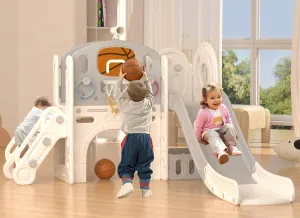 XJD 8 in 1 Toddler Slide Set, Kids Slide for Toddlers Age 1 , Toddler Climber Slide PlaySet with Basketball Hoop and Ball,Outdoor Indoor Playground for Toddlers 1-3 (Beige Grey, 8 in 1)