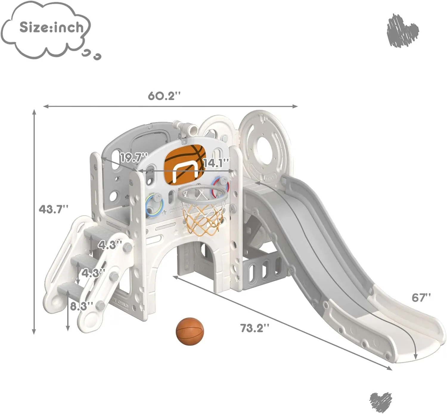 XJD 8 in 1 Toddler Slide Set, Kids Slide for Toddlers Age 1 , Toddler Climber Slide PlaySet with Basketball Hoop and Ball,Outdoor Indoor Playground for Toddlers 1-3 (Beige Grey, 8 in 1)