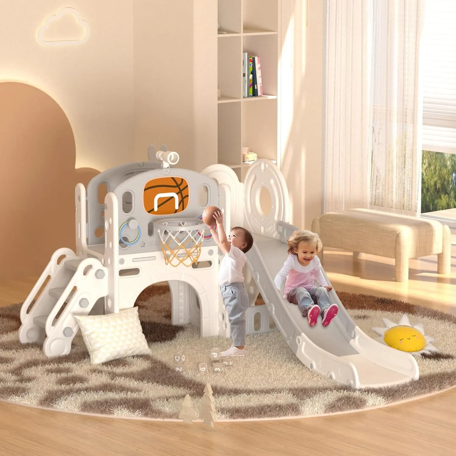 XJD 8 in 1 Toddler Slide Set, Kids Slide for Toddlers Age 1 , Toddler Climber Slide PlaySet with Basketball Hoop and Ball,Outdoor Indoor Playground for Toddlers 1-3 (Beige Grey, 8 in 1)