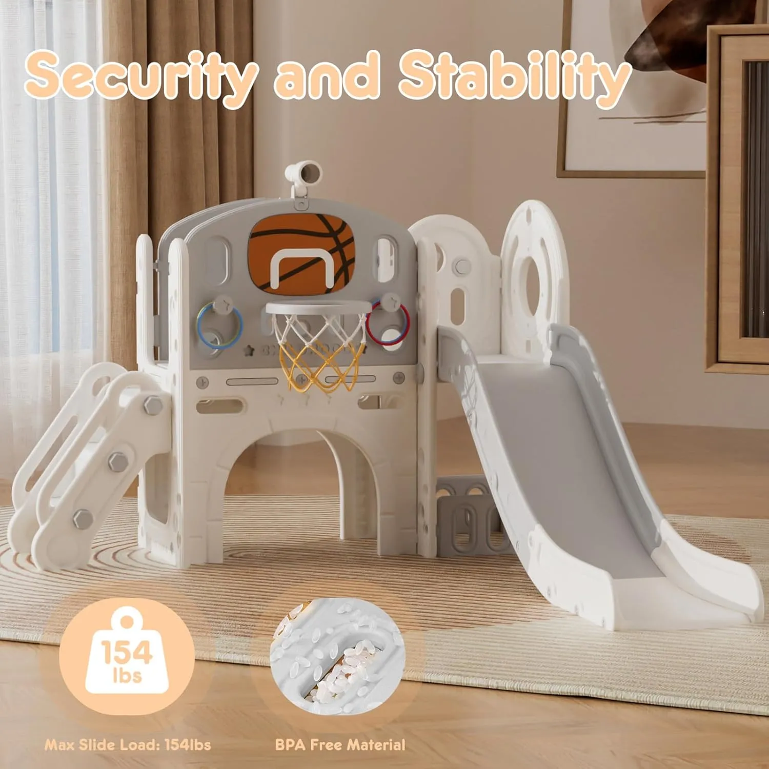 XJD 8 in 1 Toddler Slide Set, Kids Slide for Toddlers Age 1 , Toddler Climber Slide PlaySet with Basketball Hoop and Ball,Outdoor Indoor Playground for Toddlers 1-3 (Beige Grey, 8 in 1)