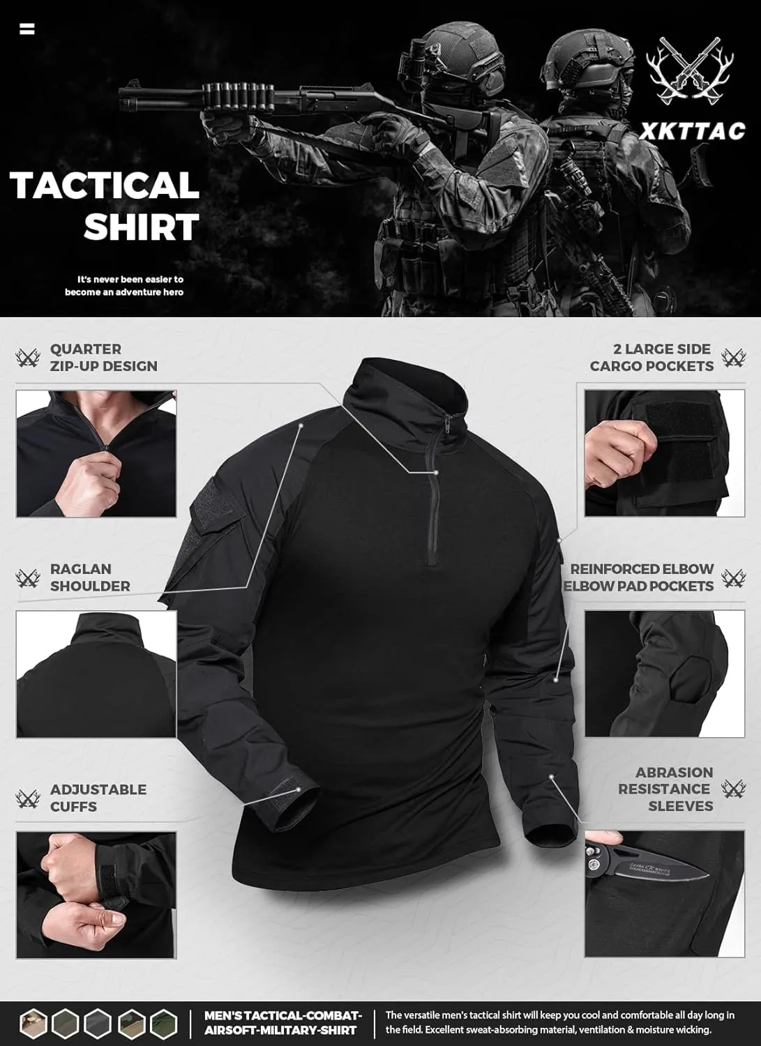 XKTTAC Combat Tactical Shirt for Men with 2-4 Pockets Airsoft-Military-Paintball-Camping Gear Army Security Clothes