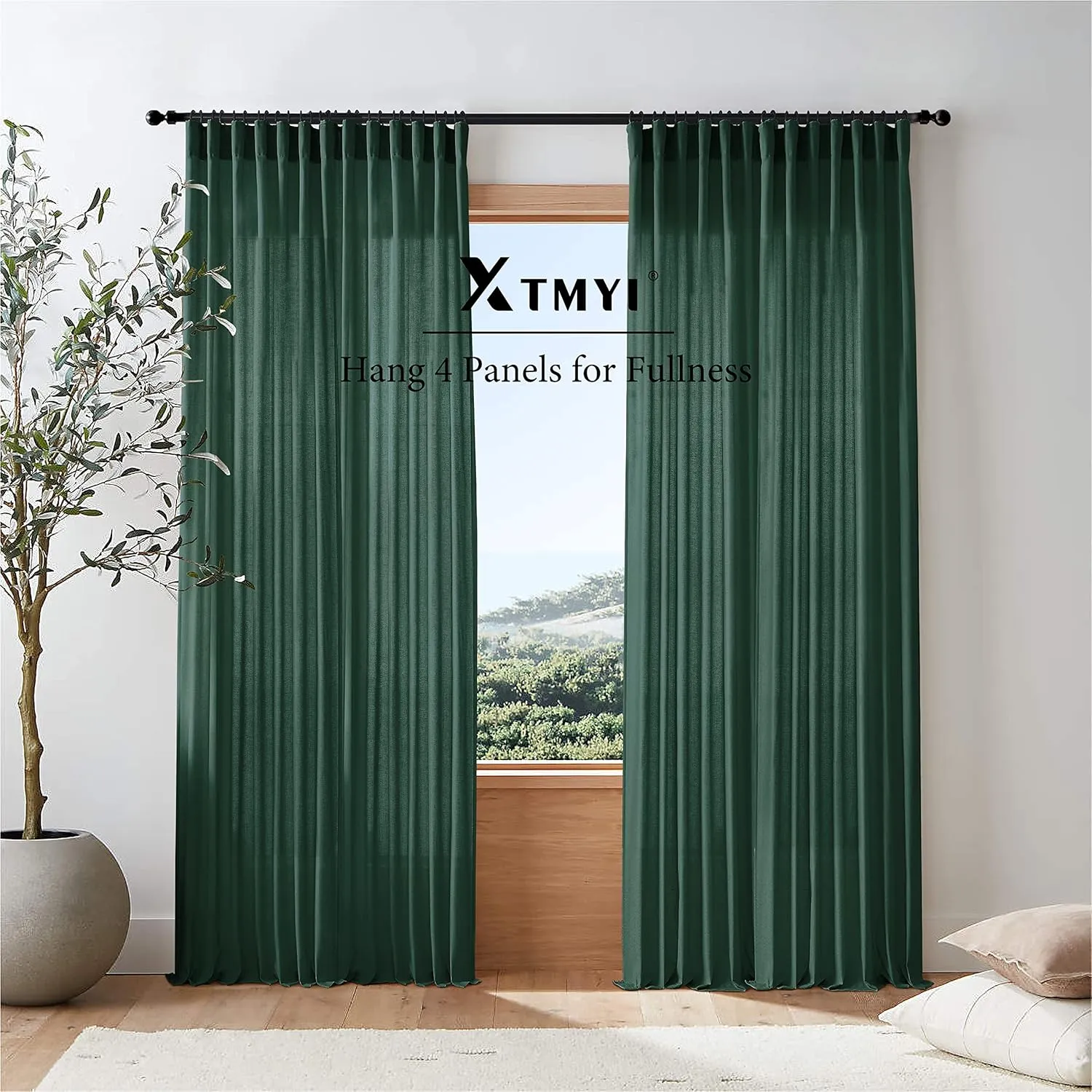 XTMYI Emerald Dark Green Back Tab/Hook Belt Linen Cotton Sheer Curtains for Bathroom 45 Inch Length