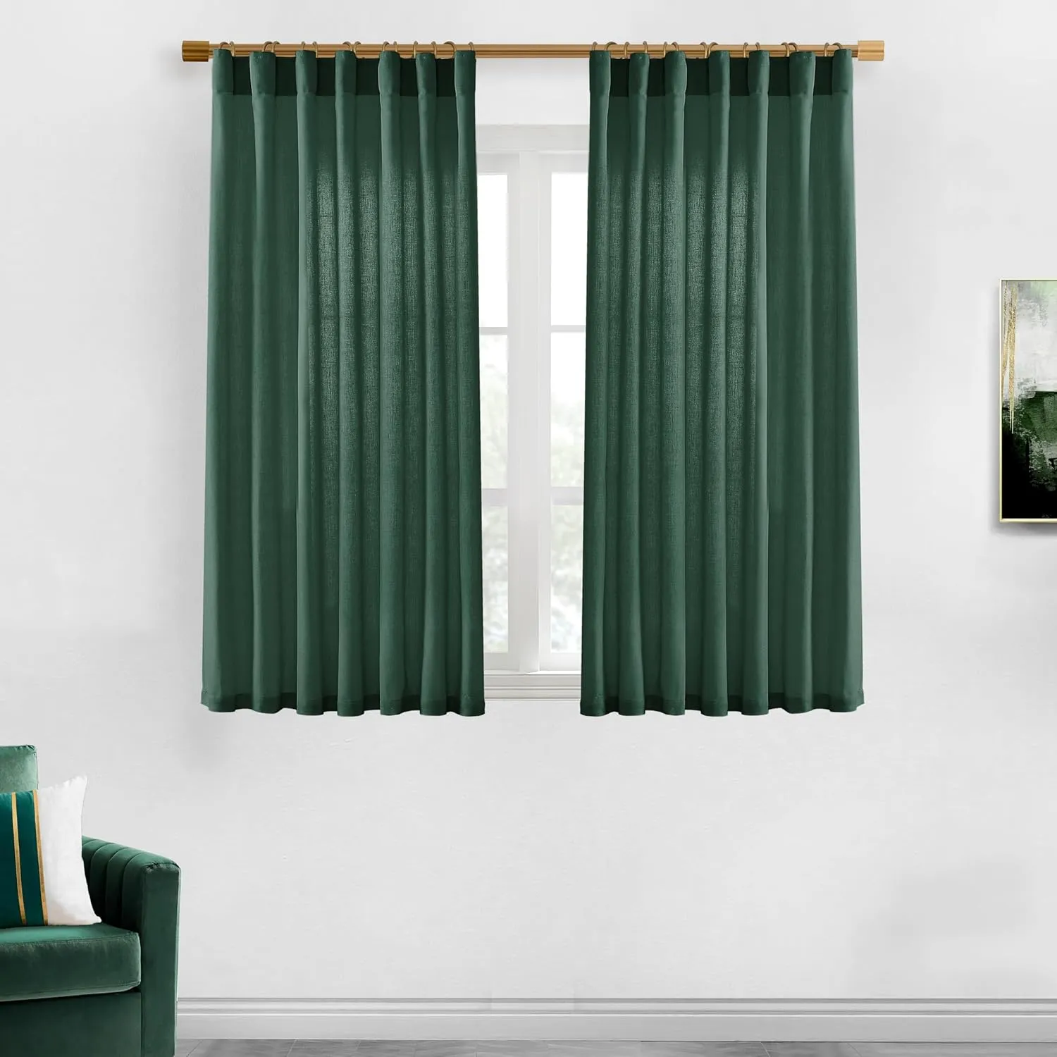 XTMYI Emerald Dark Green Back Tab/Hook Belt Linen Cotton Sheer Curtains for Bathroom 45 Inch Length