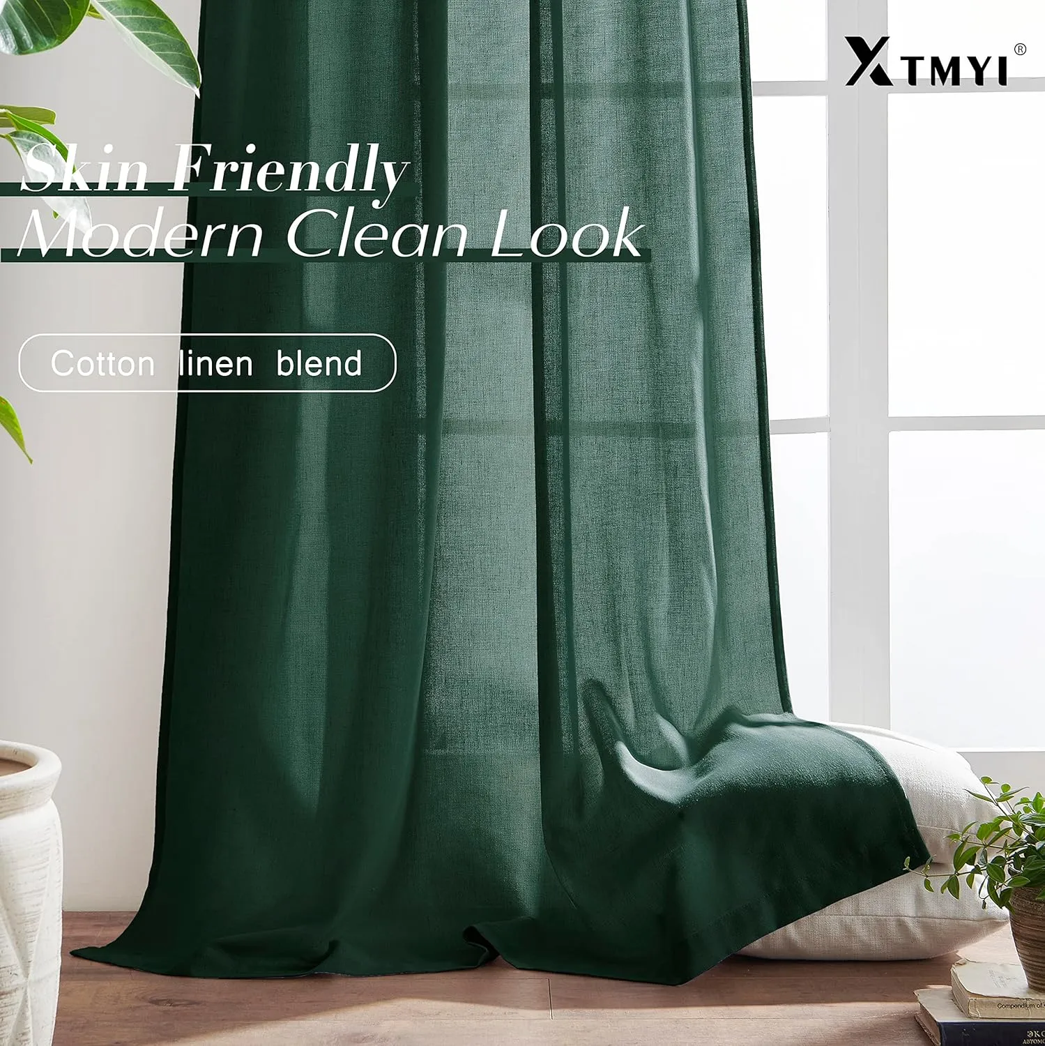 XTMYI Emerald Dark Green Back Tab/Hook Belt Linen Cotton Sheer Curtains for Bathroom 45 Inch Length