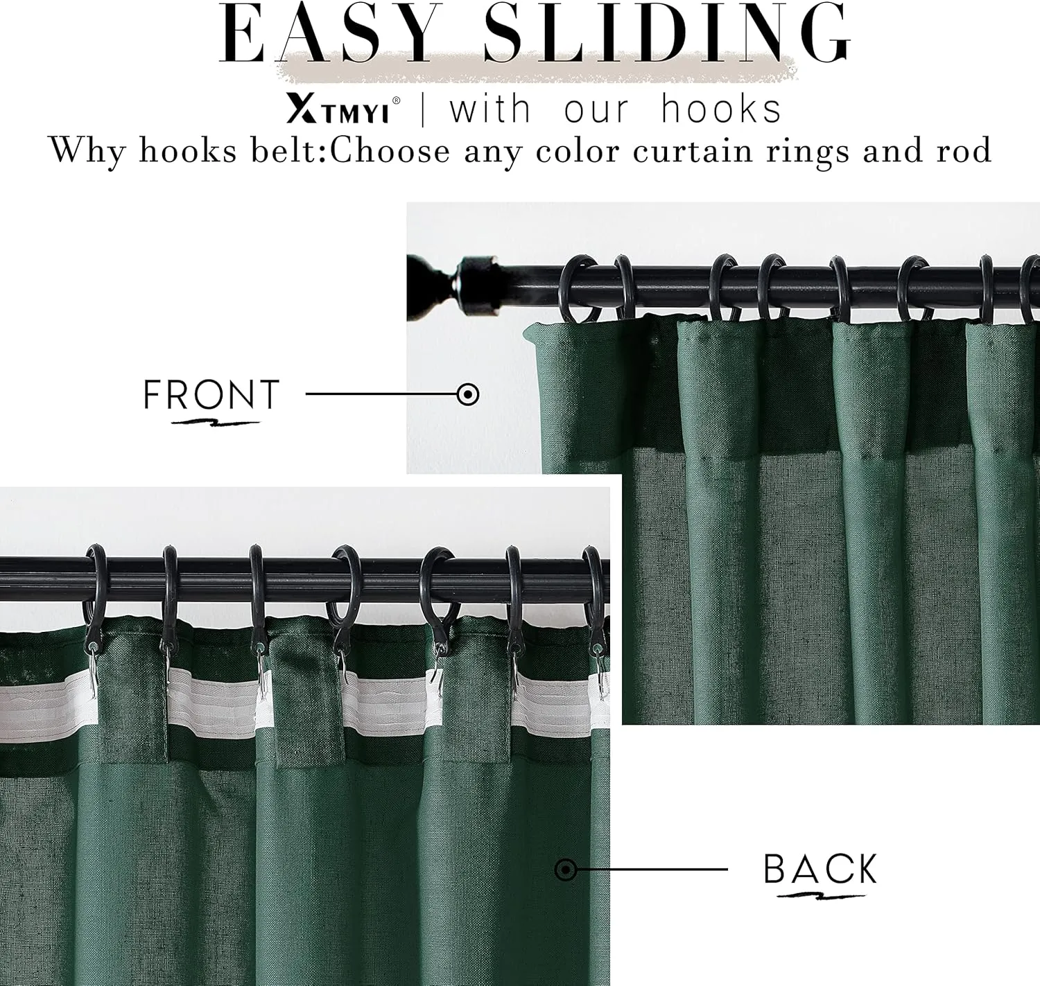 XTMYI Emerald Dark Green Back Tab/Hook Belt Linen Cotton Sheer Curtains for Bathroom 45 Inch Length