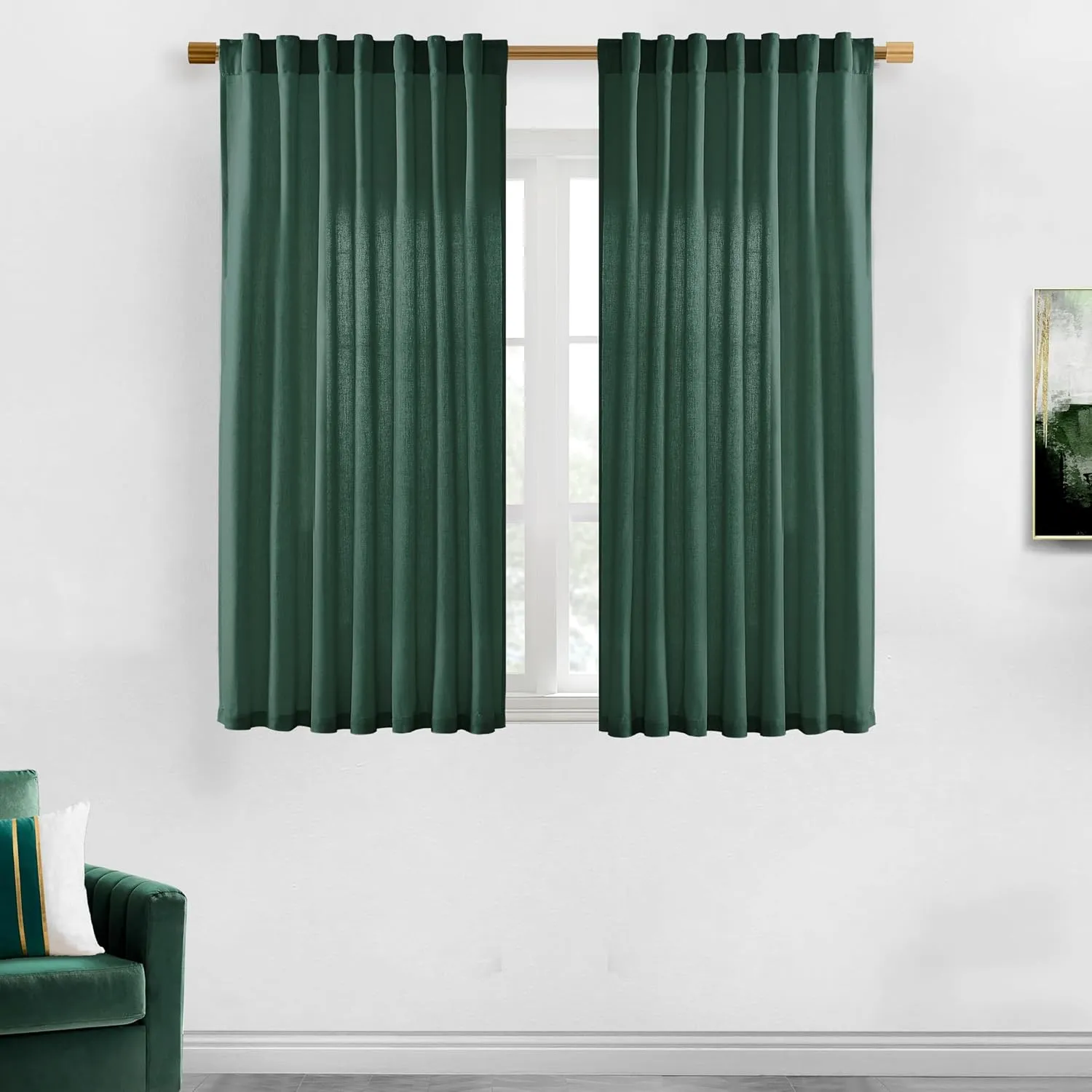 XTMYI Emerald Dark Green Back Tab/Hook Belt Linen Cotton Sheer Curtains for Bathroom 45 Inch Length