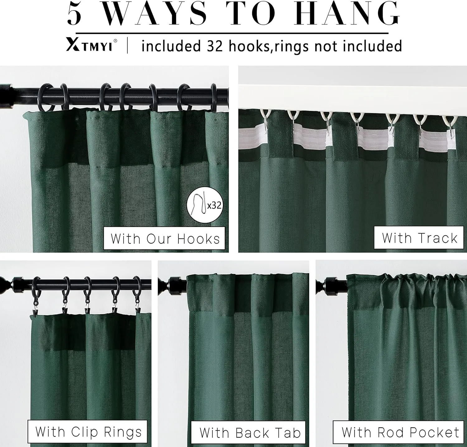 XTMYI Emerald Dark Green Back Tab/Hook Belt Linen Cotton Sheer Curtains for Bathroom 45 Inch Length