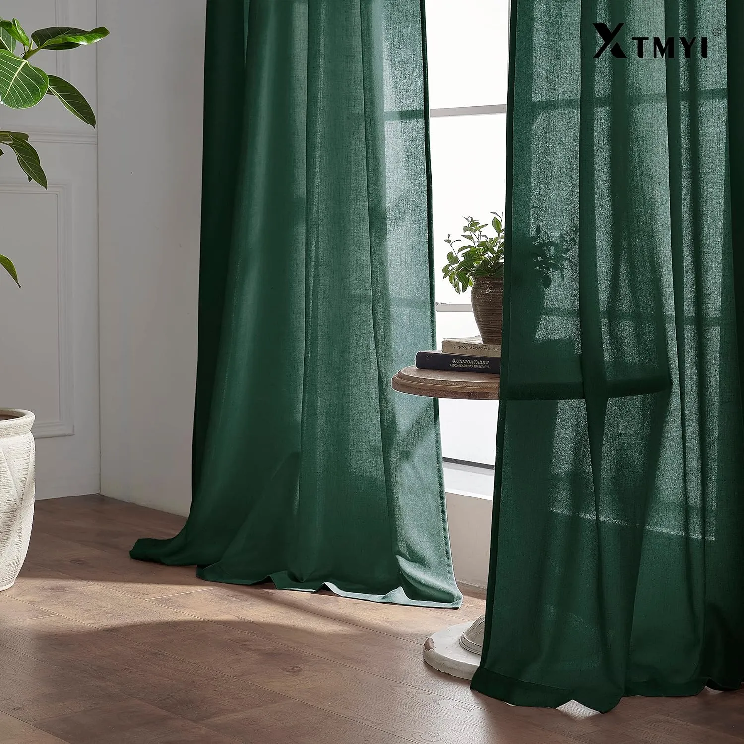 XTMYI Emerald Dark Green Back Tab/Hook Belt Linen Cotton Sheer Curtains for Bathroom 45 Inch Length