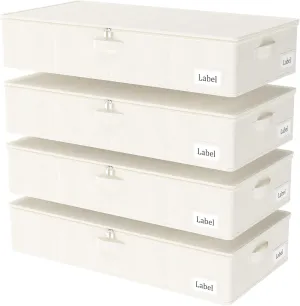 Yawinhe Foldable Underbed Storage Bags, Containers Bin with Lids, Large Under Bed Organizer Box, with Sturdy Zipper und Label Holders, for Clothing, 31.5''Lx15.7''Wx6''H, 4 Pack, Beige