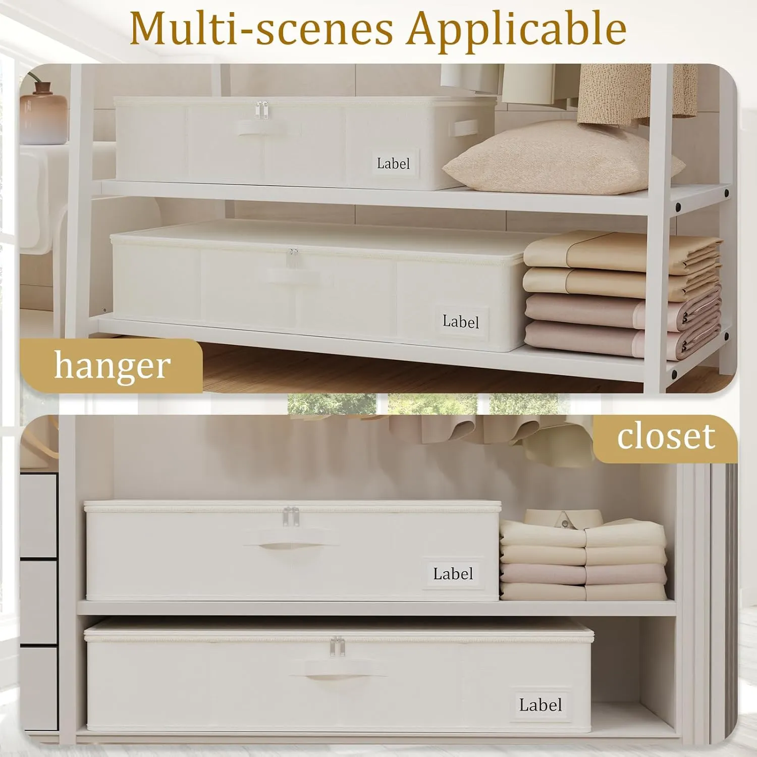 Yawinhe Foldable Underbed Storage Bags, Containers Bin with Lids, Large Under Bed Organizer Box, with Sturdy Zipper und Label Holders, for Clothing, 31.5''Lx15.7''Wx6''H, 4 Pack, Beige