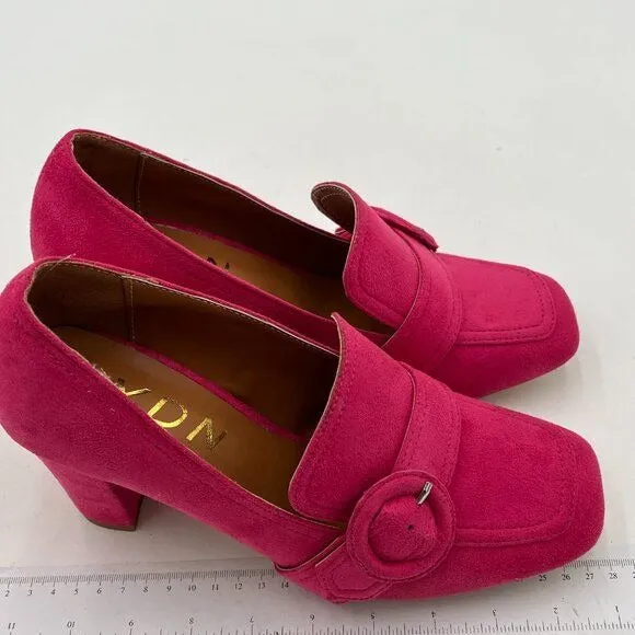 YDN Hot Pink Chunky High Heel Square Toe Loafer Slip On Buckle Suede Office Pump