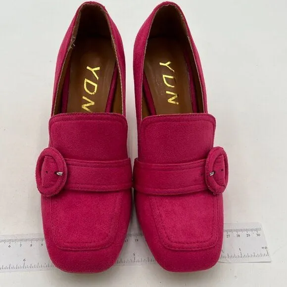 YDN Hot Pink Chunky High Heel Square Toe Loafer Slip On Buckle Suede Office Pump