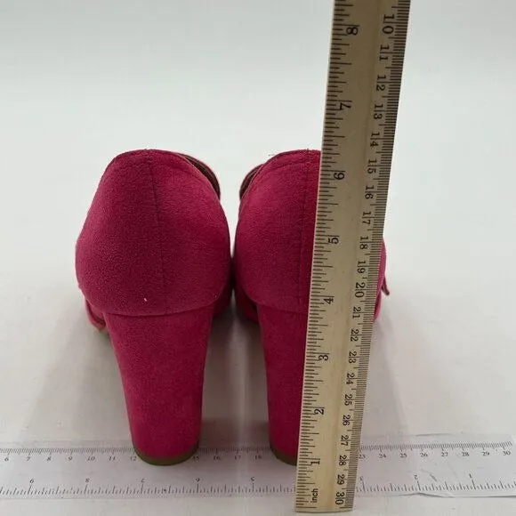 YDN Hot Pink Chunky High Heel Square Toe Loafer Slip On Buckle Suede Office Pump