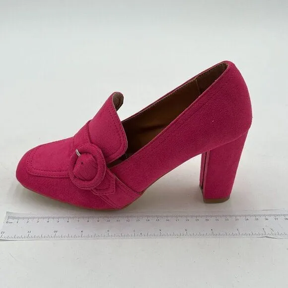 YDN Hot Pink Chunky High Heel Square Toe Loafer Slip On Buckle Suede Office Pump