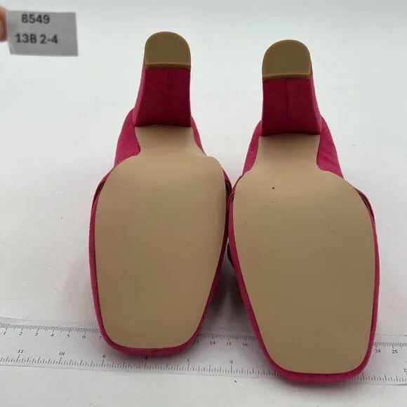 YDN Hot Pink Chunky High Heel Square Toe Loafer Slip On Buckle Suede Office Pump