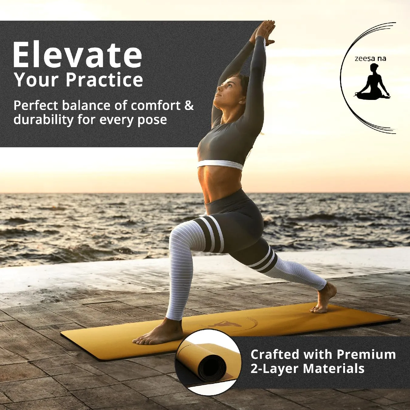 Zeesa Na Premium Natural Rubber Yoga Mat with Bag, Hot Yoga Mat Non Slip Grip, 4 mm Thin with Exceptional Cushioning due to Durable 2-Layer Design, Stretching and Home Workout, L 72” x W 24”
