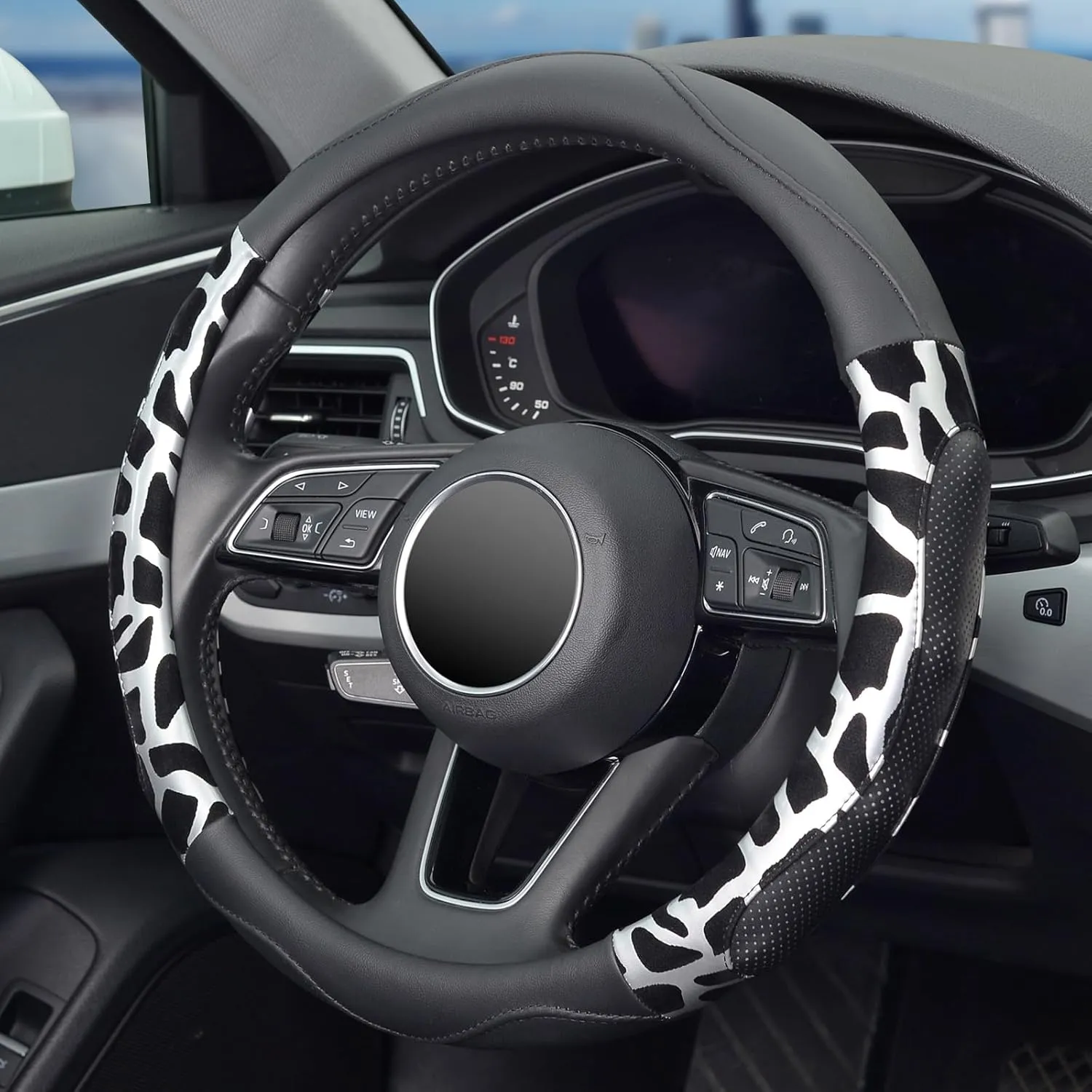 ZHOL Car Steering Wheel Cover, Universal 15 inch Breathable Microfiber Leather Steering Wheel Protector, Anti Slip Car Interior Accessories, Black&Silver