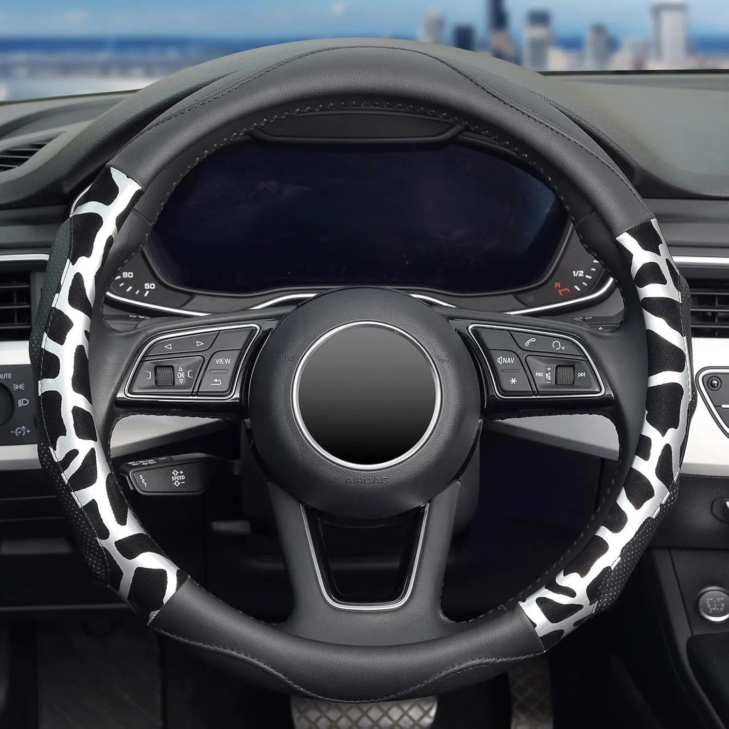 ZHOL Car Steering Wheel Cover, Universal 15 inch Breathable Microfiber Leather Steering Wheel Protector, Anti Slip Car Interior Accessories, Black&Silver