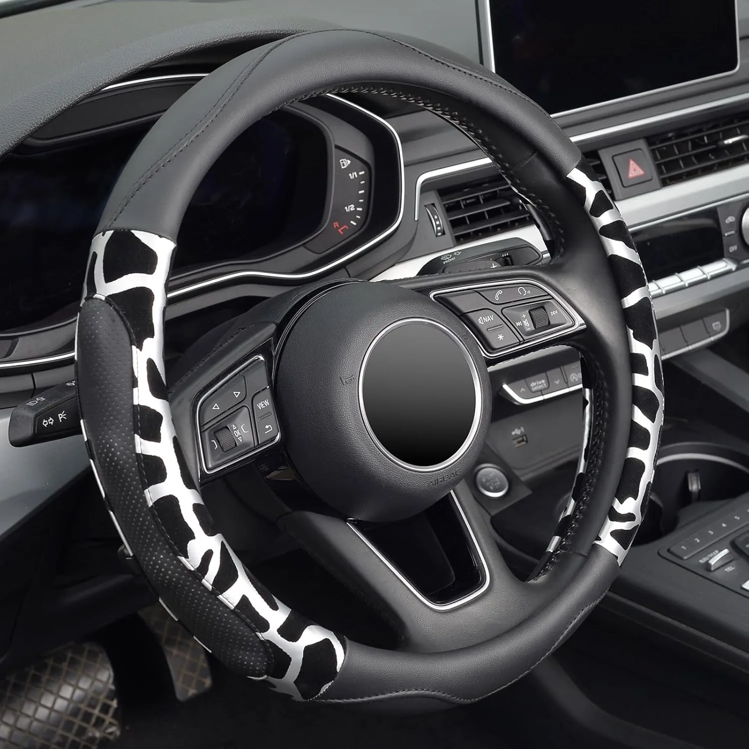 ZHOL Car Steering Wheel Cover, Universal 15 inch Breathable Microfiber Leather Steering Wheel Protector, Anti Slip Car Interior Accessories, Black&Silver