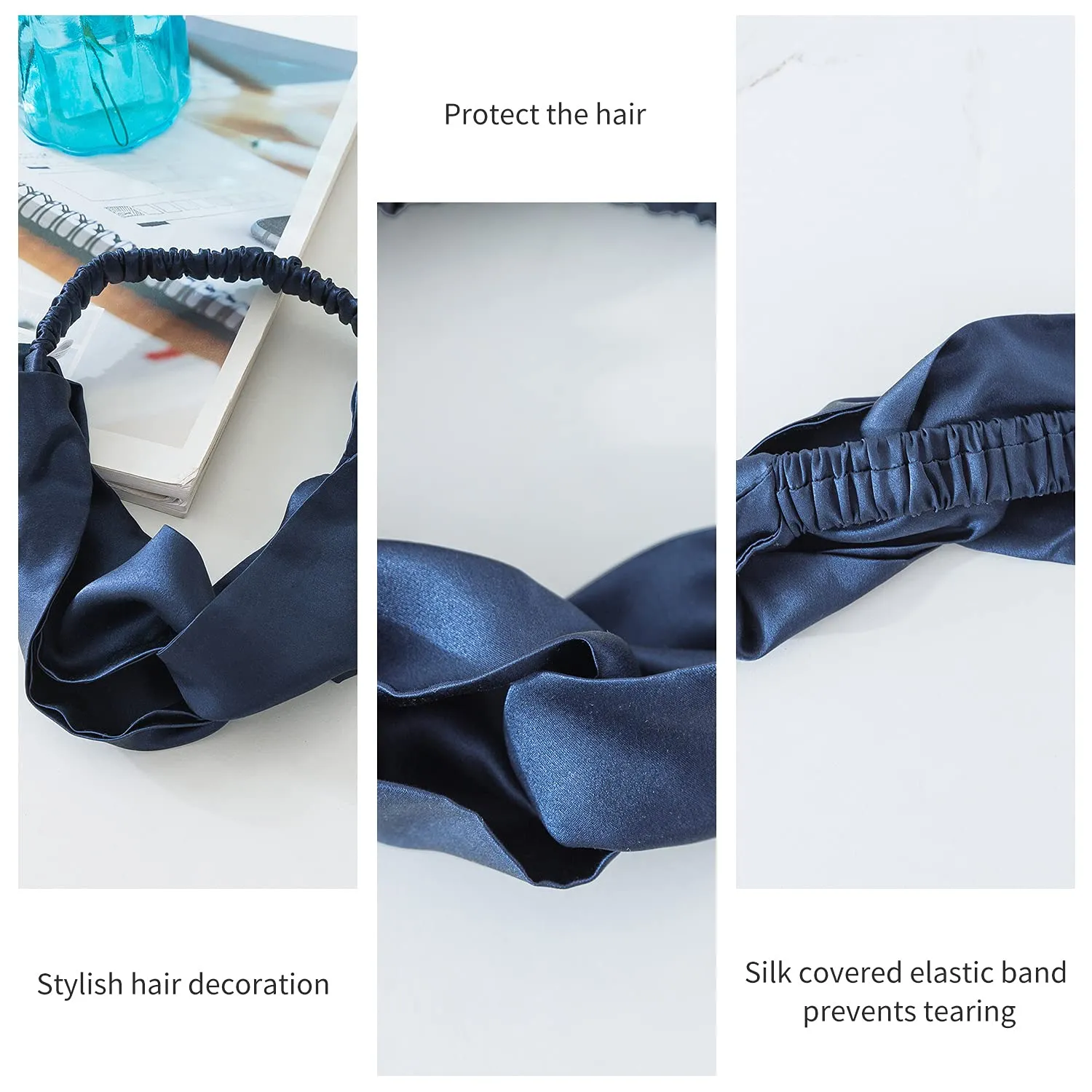 ZIMASILK 100% Mulberry Silk Headband Elastic Twisted Head Hair Wrap Accessory Turban For Women(Navy Blue)